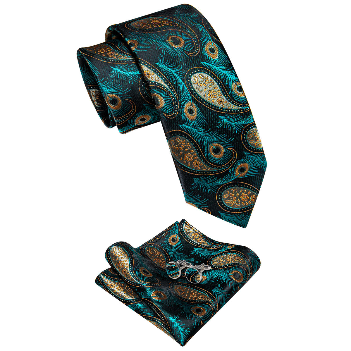 Blue, Green and Yellow Feather Silk Tie, Pocket Square and Cufflinks tie sets    - Sophisticated Gentlemen