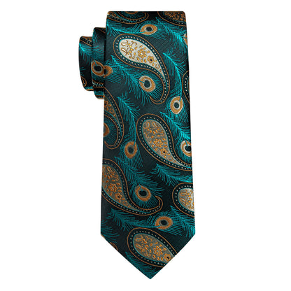 Blue, Green and Yellow Feather Silk Tie, Pocket Square and Cufflinks tie sets    - Sophisticated Gentlemen
