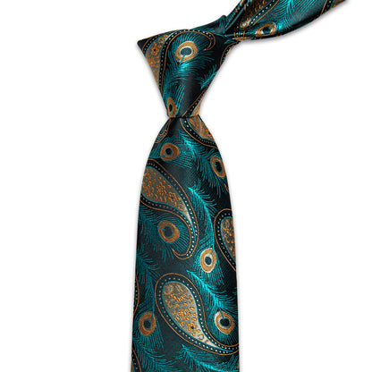 Blue, Green and Yellow Feather Silk Tie, Pocket Square and Cufflinks tie sets    - Sophisticated Gentlemen