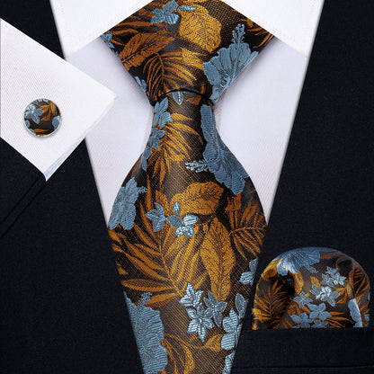 Blue and Gold Floral Silk Tie, Pocket Square and Cufflinks tie sets    - Sophisticated Gentlemen