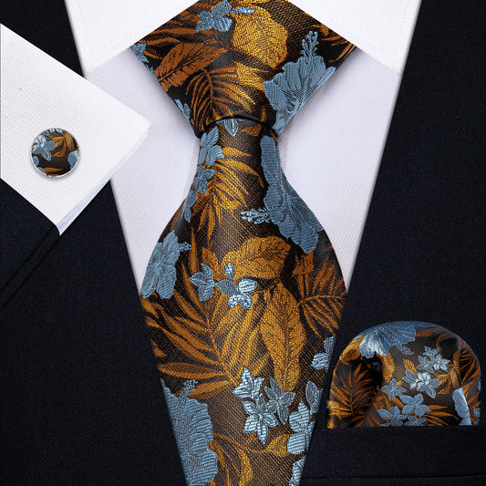 Blue and Gold Floral Silk Tie, Pocket Square and Cufflinks tie sets    - Sophisticated Gentlemen