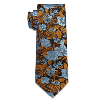 Blue and Gold Floral Silk Tie, Pocket Square and Cufflinks tie sets    - Sophisticated Gentlemen