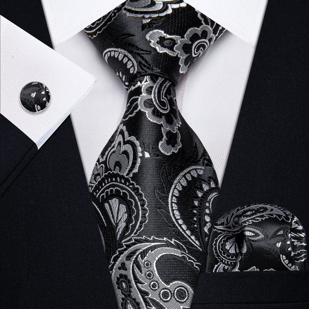 Black and Silver Paisley Silk Tie, Pocket Square and Cufflinks tie sets    - Sophisticated Gentlemen