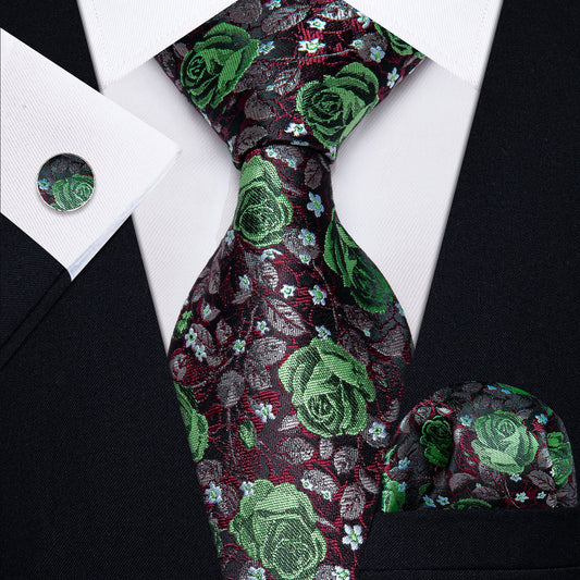 Green, Red and Black Floral Silk Tie, Pocket Square and Cufflinks tie sets    - Sophisticated Gentlemen