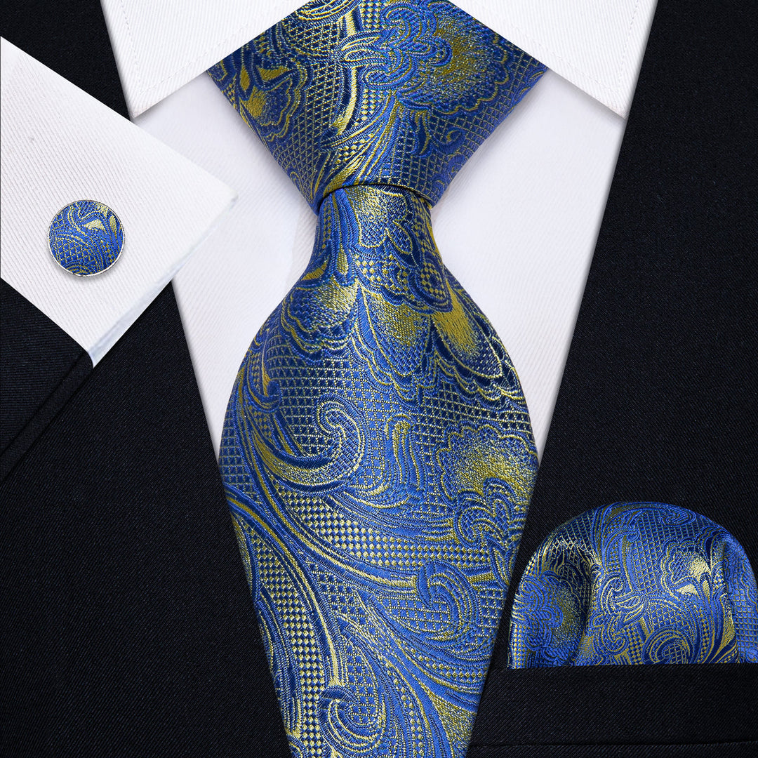 Blue and Yellow Paisley Silk Tie, Pocket Square and Cufflinks tie sets    - Sophisticated Gentlemen