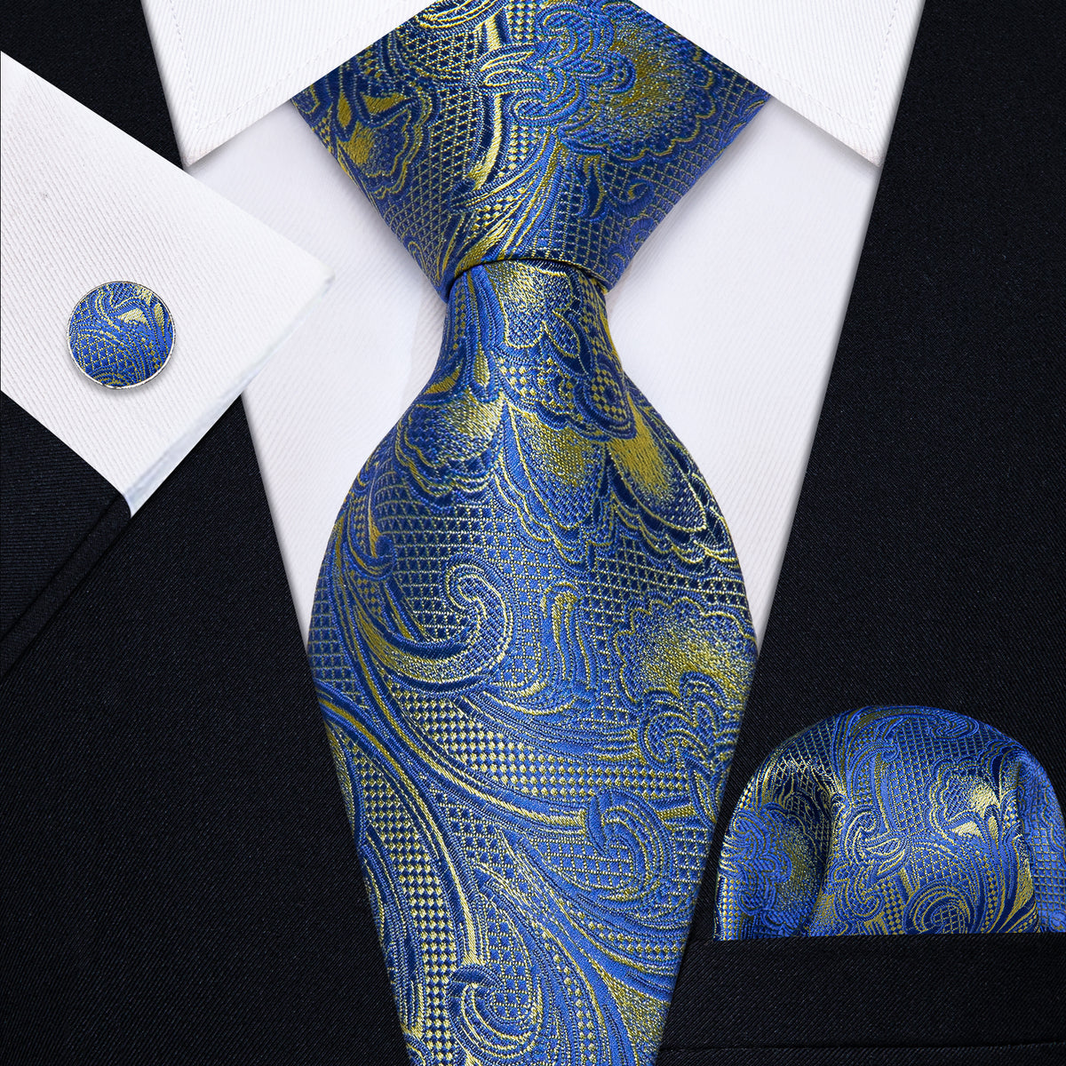 Blue and Yellow Paisley Silk Tie, Pocket Square and Cufflinks tie sets    - Sophisticated Gentlemen