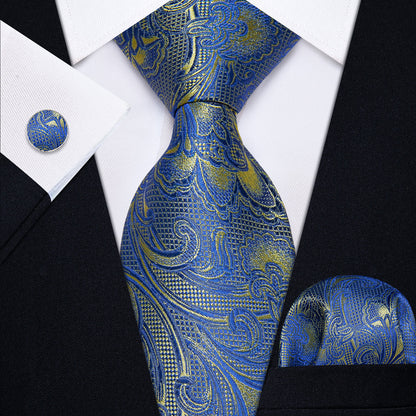 Blue and Yellow Paisley Silk Tie, Pocket Square and Cufflinks tie sets    - Sophisticated Gentlemen