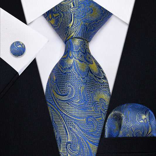 Blue and Yellow Paisley Silk Tie, Pocket Square and Cufflinks tie sets    - Sophisticated Gentlemen