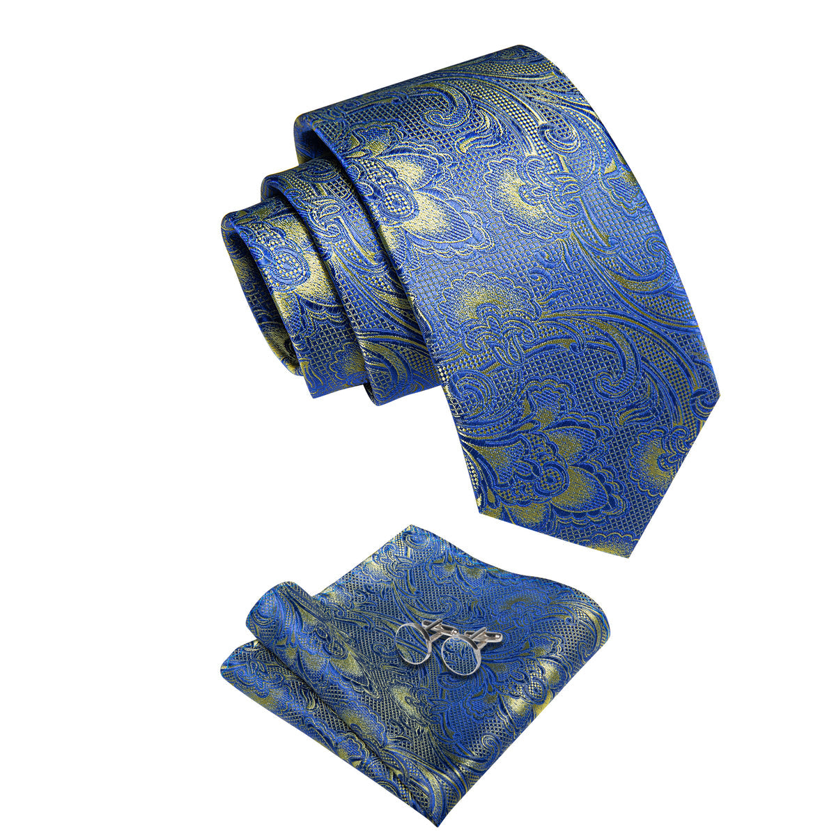 Blue and Yellow Paisley Silk Tie, Pocket Square and Cufflinks tie sets    - Sophisticated Gentlemen