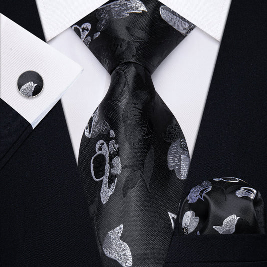 Black and White Floral Silk Tie, Pocket Square and Cufflinks tie sets    - Sophisticated Gentlemen
