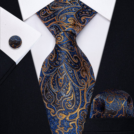 Blue and Gold Paisley Silk Tie, Pocket Square and Cufflinks tie sets    - Sophisticated Gentlemen