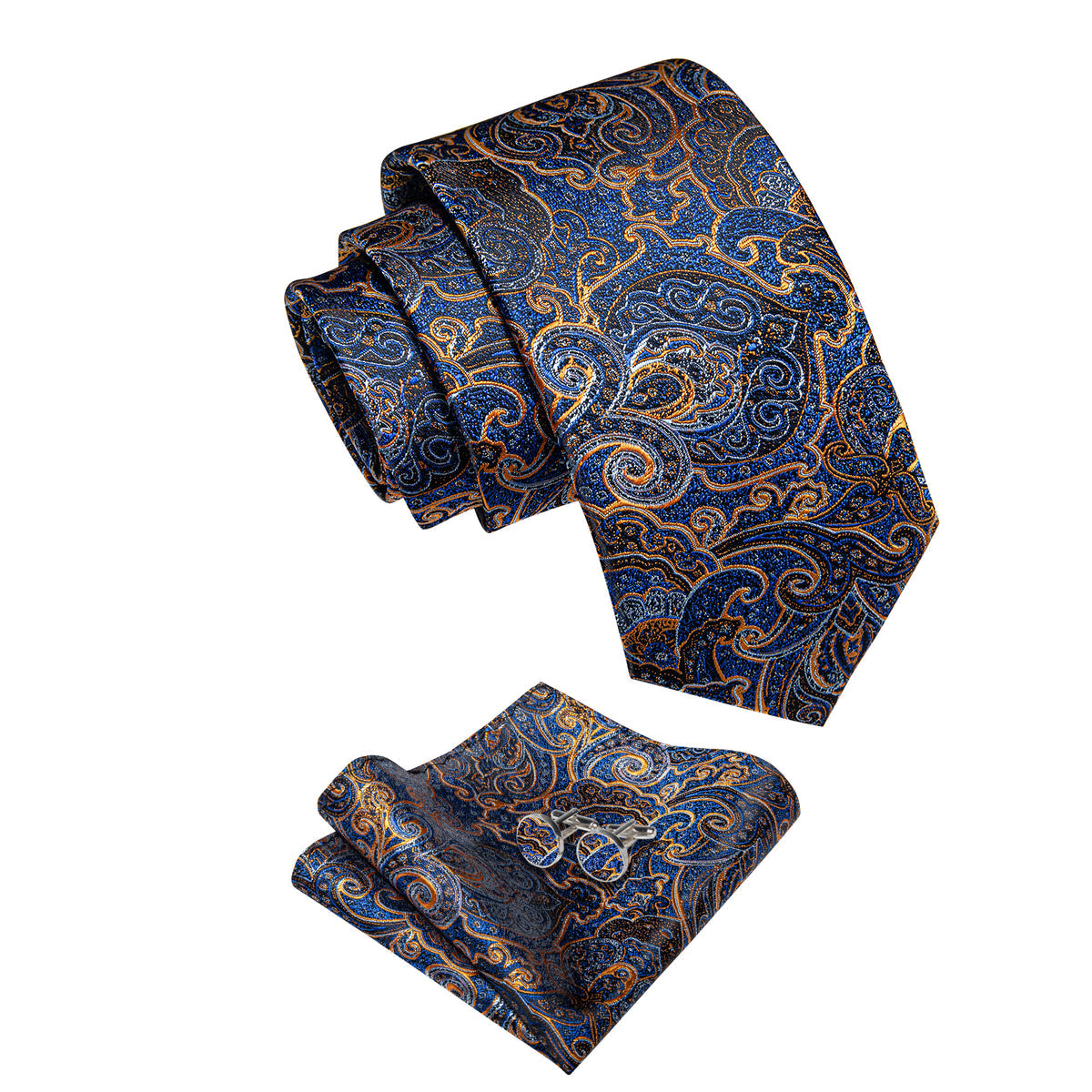 Blue and Gold Paisley Silk Tie, Pocket Square and Cufflinks tie sets    - Sophisticated Gentlemen