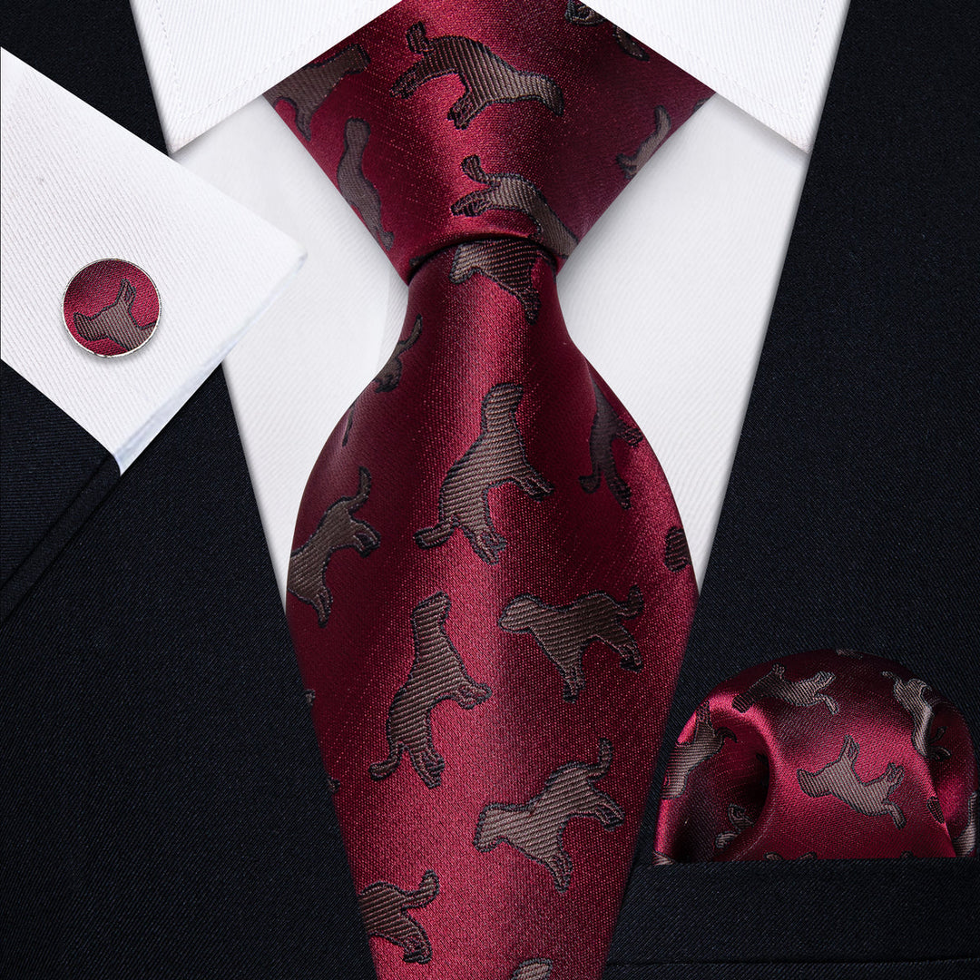 Burgundy Silk Dog Motif Tie, Pocket Square and Cufflinks tie sets    - Sophisticated Gentlemen