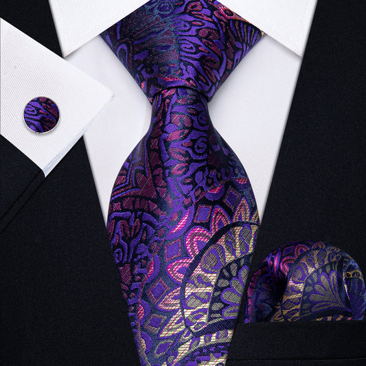 Purple, Pink and Yellow Floral Silk Tie, Pocket Square and Cufflinks tie sets    - Sophisticated Gentlemen