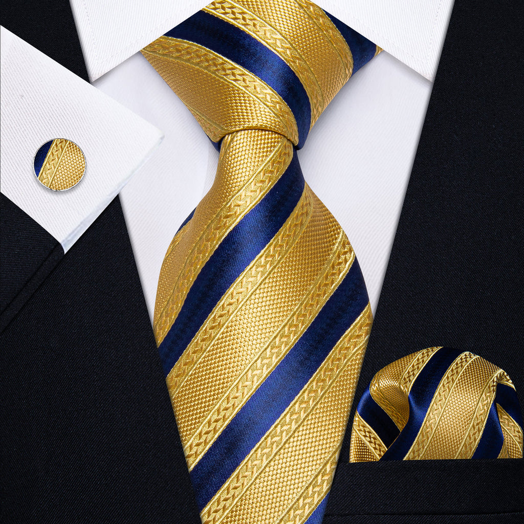 Gold and Navy Striped Silk Tie, Pocket Square and Cufflinks tie sets    - Sophisticated Gentlemen