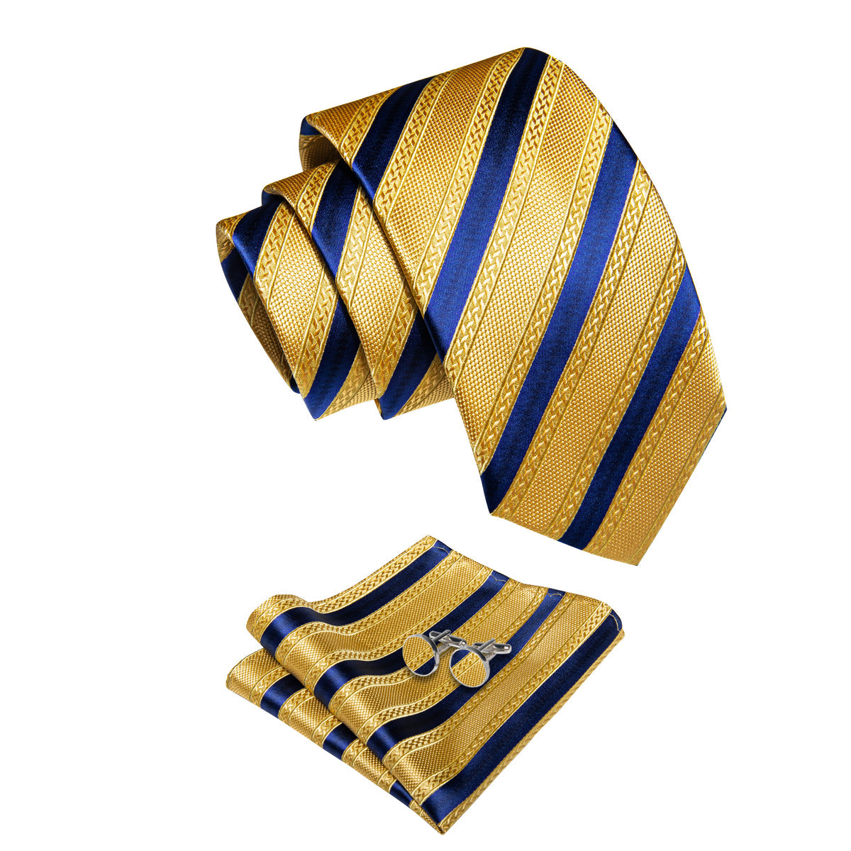 Gold and Navy Striped Silk Tie, Pocket Square and Cufflinks tie sets    - Sophisticated Gentlemen
