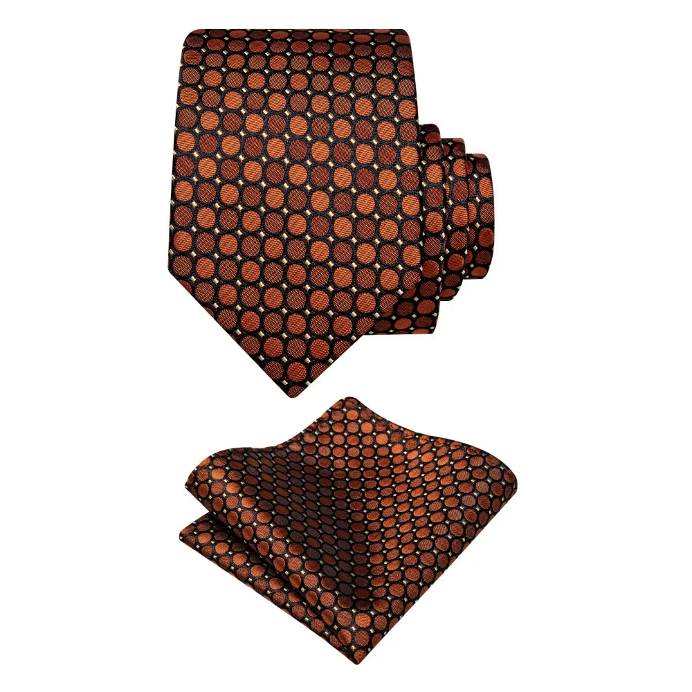 Brown geometric silk tie and matching pocket square set on white background