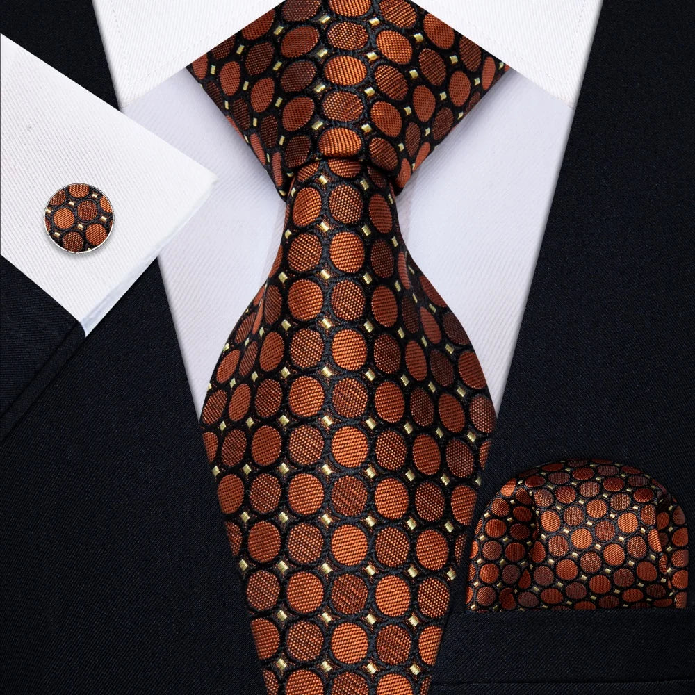 Brown geometric silk tie set styled with matching pocket square and cufflink
