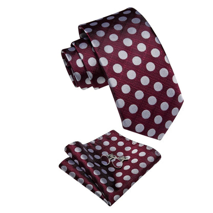 Burgundy polka dot silk tie set with matching pocket square and cufflinks