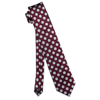 Burgundy polka dot silk tie displayed full length with silver dot pattern