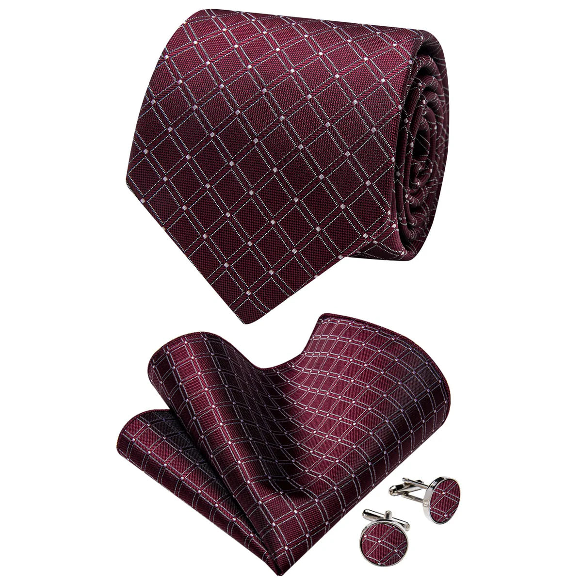 Burgundy & Silver Checkered Silk Tie - Classic Grid Pattern Necktie Set tie sets - Sophisticated Gentlemen