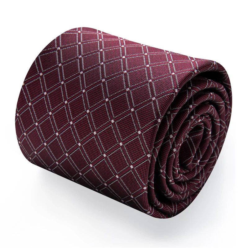 Burgundy & Silver Checkered Silk Tie - Classic Grid Pattern Necktie Set tie sets - Sophisticated Gentlemen