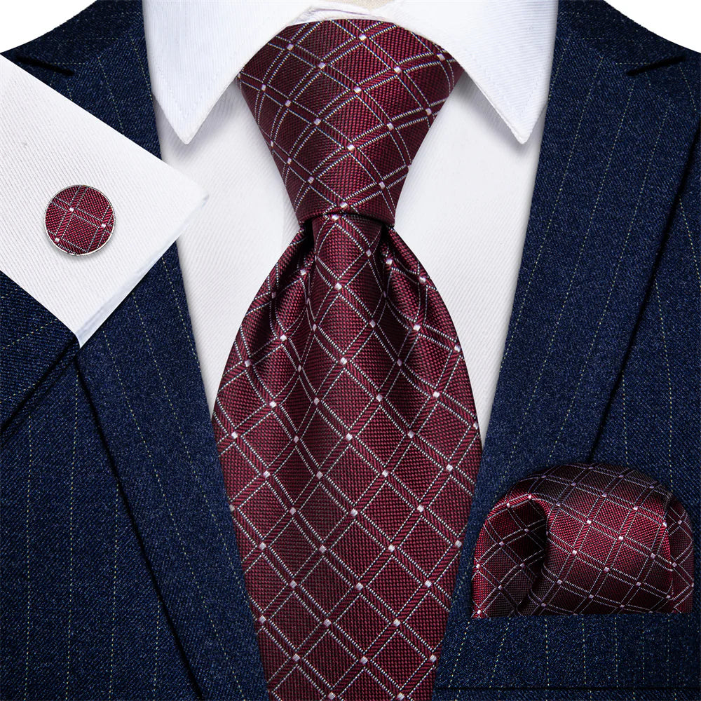Burgundy & Silver Checkered Silk Tie - Classic Grid Pattern Necktie Set tie sets - Sophisticated Gentlemen