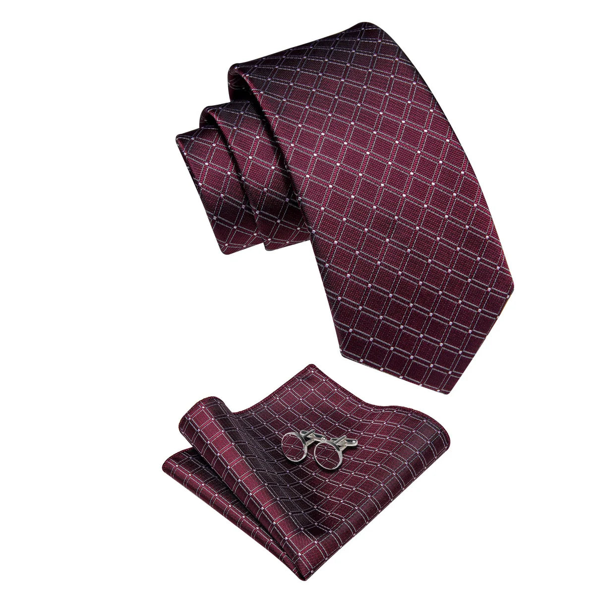 Burgundy & Silver Checkered Silk Tie - Classic Grid Pattern Necktie Set tie sets - Sophisticated Gentlemen