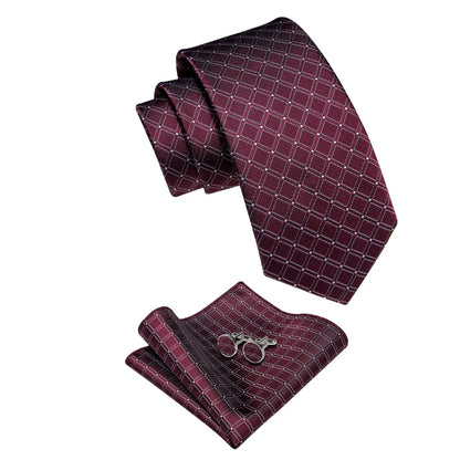 Burgundy & Silver Checkered Silk Tie - Classic Grid Pattern Necktie Set tie sets - Sophisticated Gentlemen