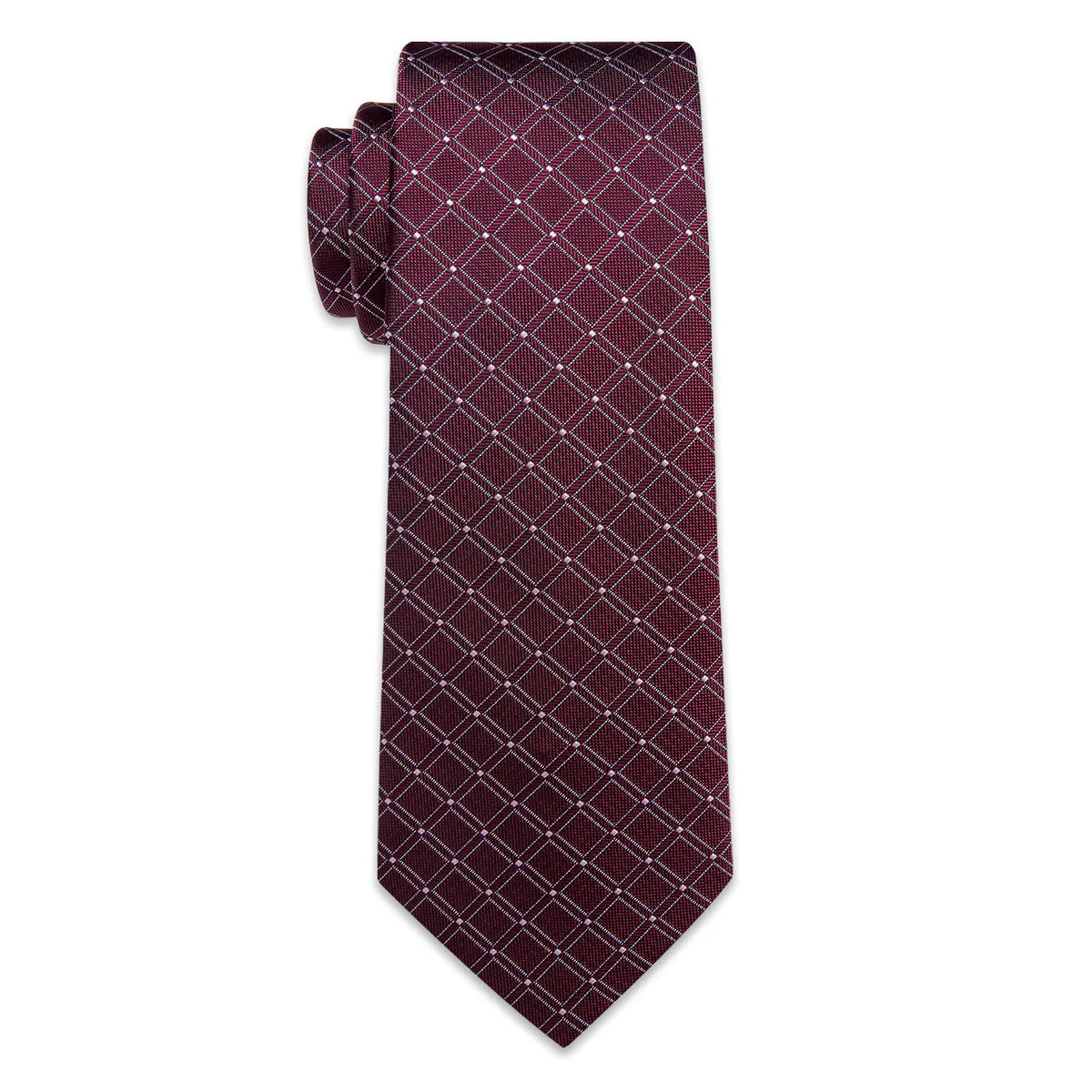 Burgundy & Silver Checkered Silk Tie - Classic Grid Pattern Necktie Set tie sets - Sophisticated Gentlemen