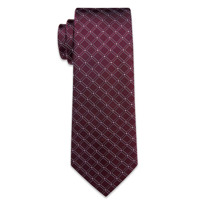 Burgundy & Silver Checkered Silk Tie - Classic Grid Pattern Necktie Set tie sets - Sophisticated Gentlemen