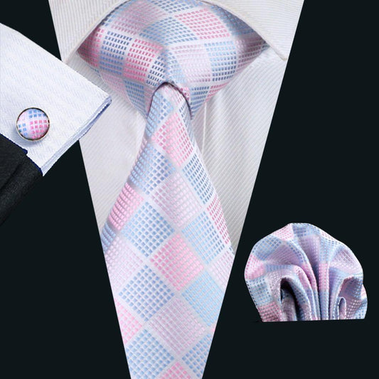 Sky Blue Pink Plaid Tie, Pocket Square and Cufflinks Set tie sets    - Sophisticated Gentlemen