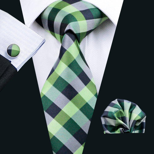 Green Plaid Silk XL Tie, Pocket Square and Cufflinks tie sets    - Sophisticated Gentlemen
