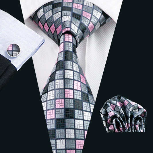 Pink and Gray Plaid Silk Tie, Pocket Square and Cufflinks Set tie sets - Sophisticated Gentlemen