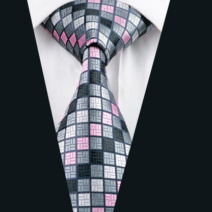Pink and Gray Plaid Silk Tie, Pocket Square and Cufflinks Set tie sets - Sophisticated Gentlemen