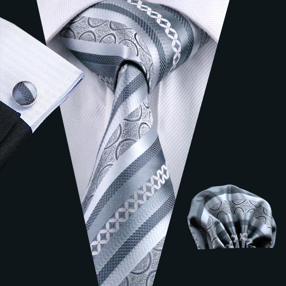 Silver Gray Striped Tie, Pocket Square and Cufflinks Set tie sets    - Sophisticated Gentlemen