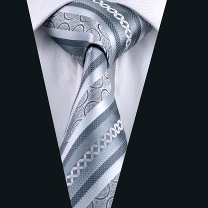 Silver Gray Striped Tie, Pocket Square and Cufflinks Set tie sets    - Sophisticated Gentlemen