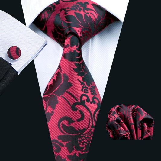 Black Red Floral Tie, Pocket Square and Cufflinks Set tie sets    - Sophisticated Gentlemen
