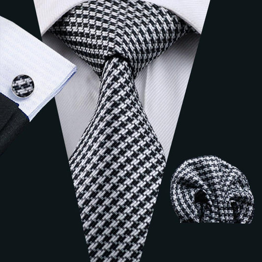 White and Black Houndstooth XL Tie, Pocket Square and Cufflinks tie sets    - Sophisticated Gentlemen
