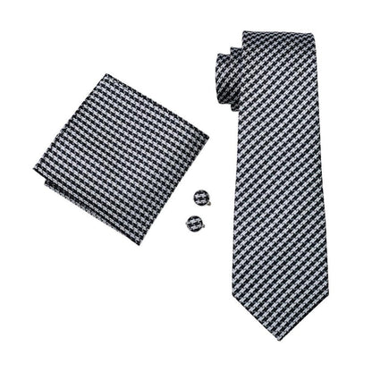 White and Black Houndstooth XL Tie, Pocket Square and Cufflinks tie sets    - Sophisticated Gentlemen