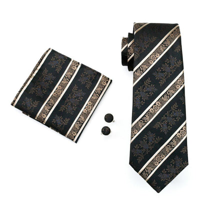 Black Champagne Beige Floral Tie, Pocket Square and Cufflinks Set tie sets    - Sophisticated Gentlemen