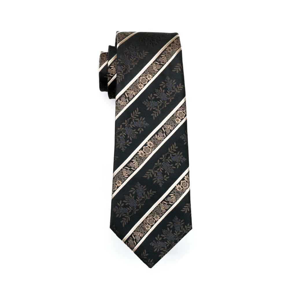 Black Champagne Beige Floral Tie, Pocket Square and Cufflinks Set tie sets    - Sophisticated Gentlemen