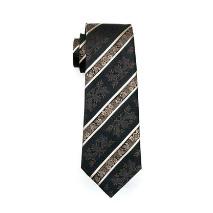 Black Champagne Beige Floral Tie, Pocket Square and Cufflinks Set tie sets    - Sophisticated Gentlemen