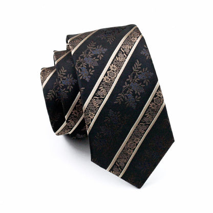 Black Champagne Beige Floral Tie, Pocket Square and Cufflinks Set tie sets    - Sophisticated Gentlemen