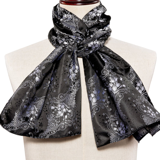 Luxury Black Silver Floral Scarf Scarf    - Sophisticated Gentlemen