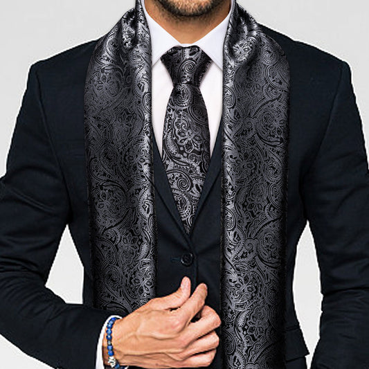 Luxury Black Silver Floral Scarf Scarf    - Sophisticated Gentlemen