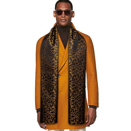 Luxury Black Gold Floral Silk Scarf Scarf    - Sophisticated Gentlemen