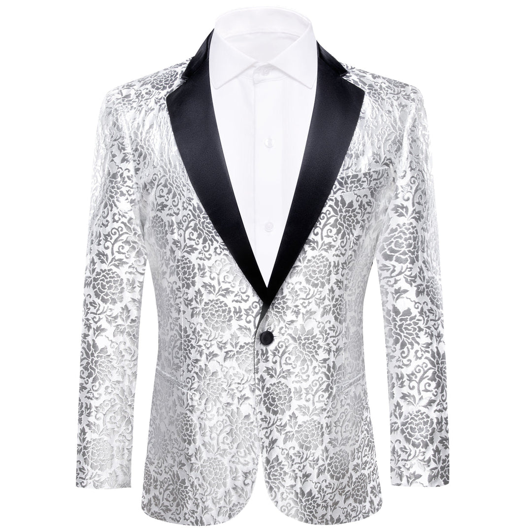 White and Silver Floral Tuxedo Jacket tuxedo S (38)   - Sophisticated Gentlemen