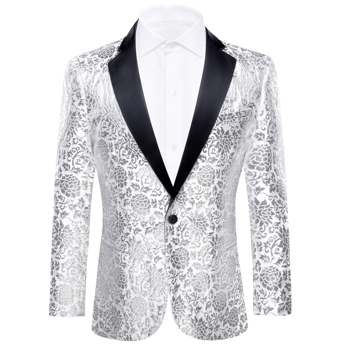 White and Silver Floral Tuxedo Jacket tuxedo S (38)   - Sophisticated Gentlemen