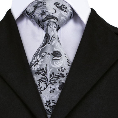 Gray Black Floral Tie, Pocket Square and Cufflinks Set tie sets    - Sophisticated Gentlemen